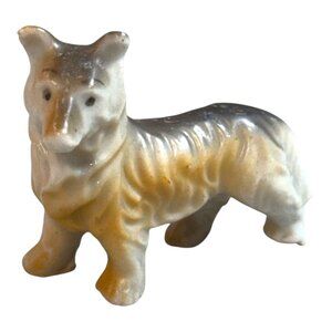 Vintage Japan Miniature White Collie Long Hair Corgi Dog Figurine Porcelain 2.5"